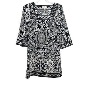 LOFT Bell Sleeve Dress Small Black White Paisley Print Stretch Mini Workwear